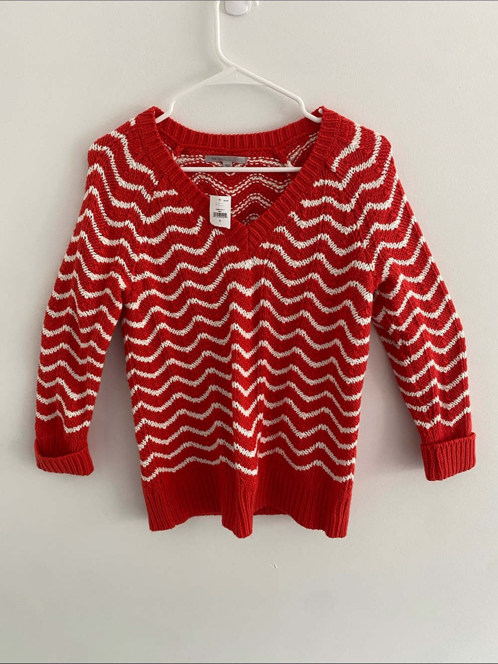 GAP Chevron Pointelle V Neck Wool Blend Orange White Retro Stripe Knit Sweater S